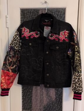 Desigual Black Jacket with Pink Embroidery and Silver Accents